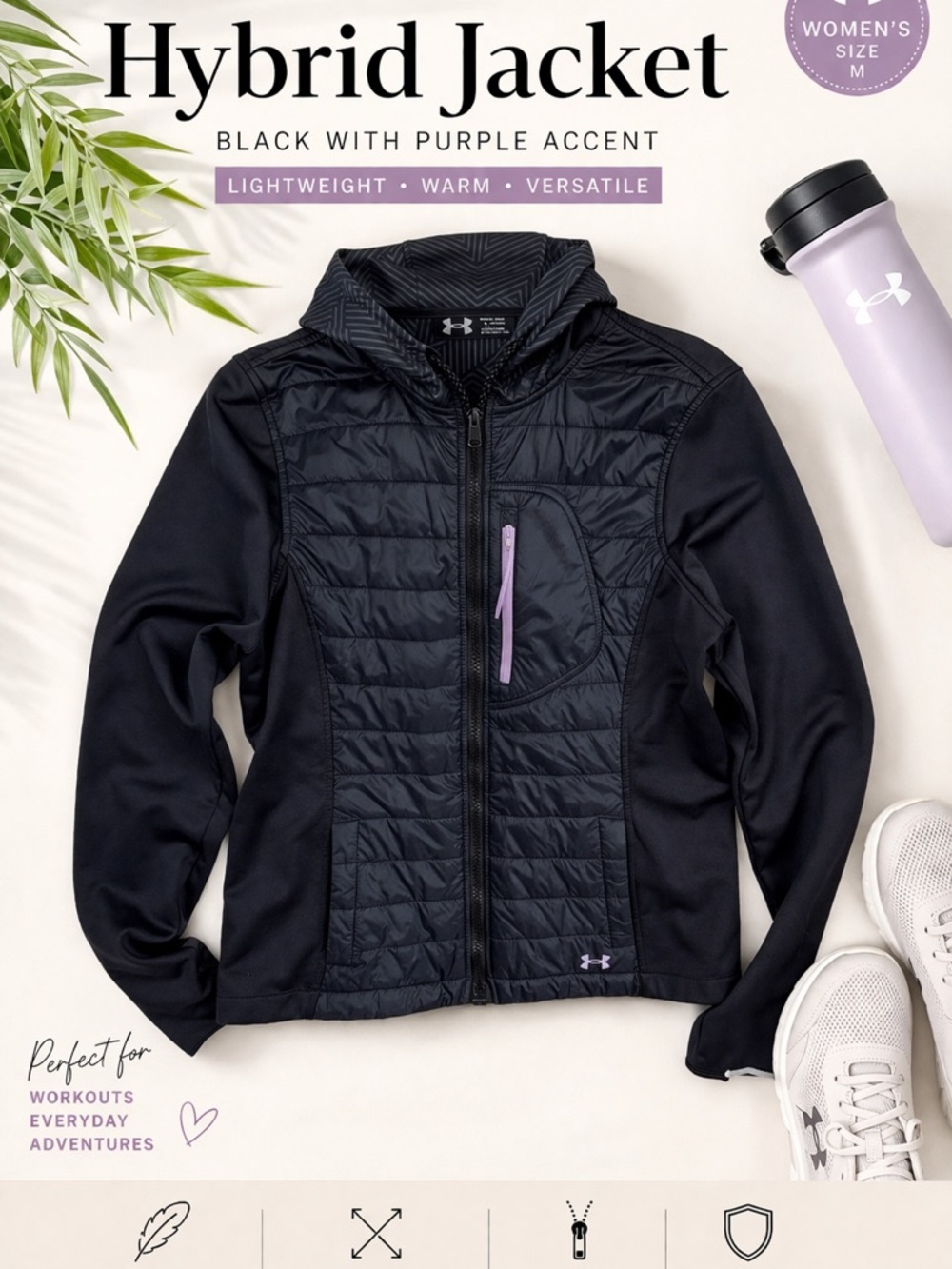 Under Armour Women’s Black Quilted Jacket Purple Accent Full Zip Lightweight